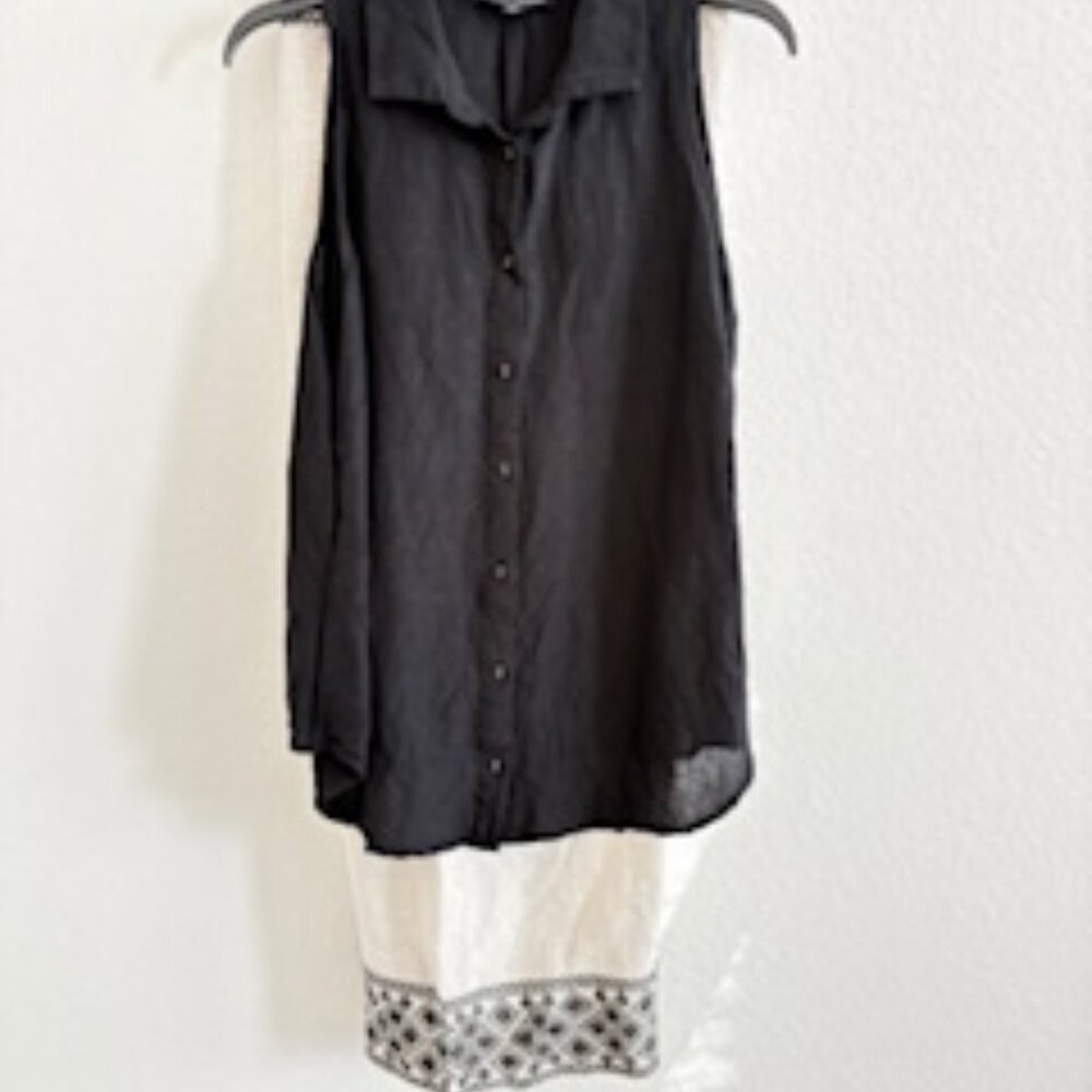 BOSTON PROPER SET - FLAX LINEN PANTS W/EMBROIDERY & BLACK SLEEVELESS TOP, SIZE L